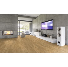 Wohnzimmer mit Holzboden, Kamin und Fernseher