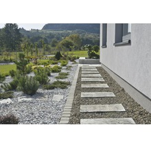 Gestalteter Garten mit Kies, Pflanzen und Plattenweg