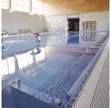 Innenansicht eines Schwimmbads mit Wasserfall und Treppe