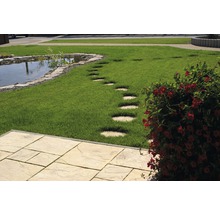 Gartenszene mit Teich, Rasen, Trittplatten und Terrasse