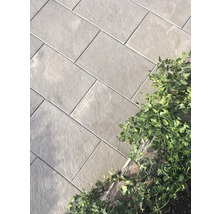 Rechteckige Bodenfliesen auf einer Terrasse, umrankt von Efeu