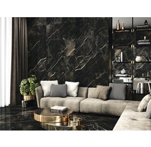 Wohnzimmer mit schwarzem Marmorboden und -wandfliesen, hellem Sofa, Couchtisch und Regal.