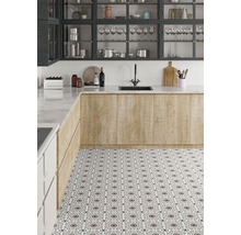 Küchenszene mit Spüle, Arbeitsplatte und gemusterten Fliesen