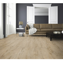 Wohnzimmer mit Laminatboden, Sofa und Tisch