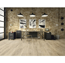 Büro mit Schreibtisch, Stuhl, Regalen und Backsteinmauer