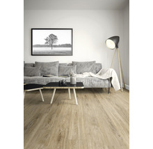 Wohnzimmer mit Sofa, Tisch und Holzboden