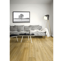 Wohnzimmer mit Sofa, Tisch und Holzboden