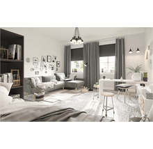 Wohnzimmer mit Sofa, Schreibtisch und Bücherregal in hellem Design