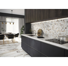 Helle Küche mit Mosaikfliesen, schwarzer Küchenzeile und Marmorboden