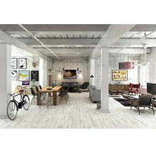 Heller Wohnraum mit Holzboden, Esstisch, Sofas und Kunstwerken