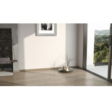 Innenraum mit Holzboden, Kamin und Blick ins Grüne