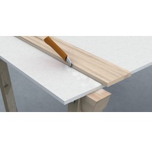 Eine Furnierkante wird mit einem Furnierschneider bearbeitet.