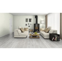 Heller Wohnraum mit Sofa, Kamin und Holzboden