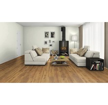 Helles Wohnzimmer mit Sofa, Kaminofen, Holzboden und Dekoration