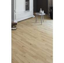 Helles Zimmer mit Laminatboden in Holzoptik, Schrank und kleinem Tisch