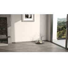 Heller Raum mit Laminatboden, Kamin und Blick ins Grüne