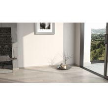 Heller Raum mit Holzboden, Kamin und Terrassentür zum Garten