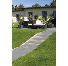 Außenbereich mit Pflasterweg, Treppe und Sitzgruppe