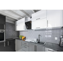 Moderne Küche mit grauen Fliesen, weißen und grauen Schränken sowie einer Dunstabzugshaube.