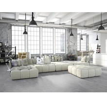 Helles Wohnzimmer im Loftstil mit modularem Sofa, Betonwand und großen Fenstern.