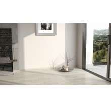 Heller Raum mit hellem Fliesenboden, Kamin und Fenster