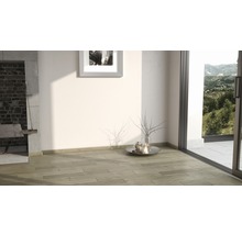 Heller Raum mit Holzboden, Kamin und Blick nach draußen