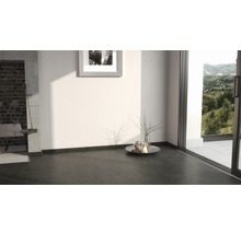 Innenraum mit dunklem Boden, weißer Wand und Ausblick ins Grüne