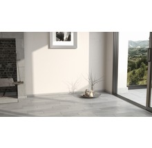 Heller Raum mit Kamin, Fliesenboden und Schiebetür