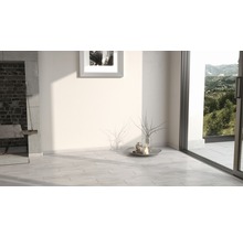 Heller Raum mit Grill, Bild an der Wand, Dekoration und Schiebetür zum Garten