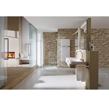 Helles Badezimmer mit Dusche, Waschbecken, Spiegel und Kamin