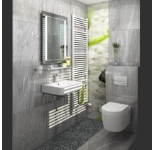 Modernes Badezimmer mit Waschbecken, Spiegel, Heizkörper und Toilette vor Wandfliesen