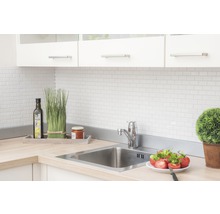 Küchenszene mit Spüle, Armatur, Fliesen, Schrank und Dekoration