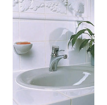 Badezimmer mit Waschbecken, Armatur, Seifenschale, Seife, Fliesen und Pflanze