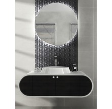 Modernes Badezimmer mit rundem Spiegel, Waschtisch und dunklem Unterschrank.