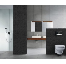 Badezimmer mit Dusche, Waschtisch, Spiegel und Wand-WC.