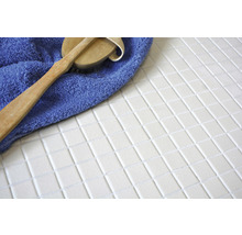 Weiße Mosaikfliesen mit Bürste und Handtuch