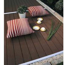 Terrassendielen aus Holzverbundwerkstoff mit Kissen und Dekoration für eine gemütliche Atmosphäre im Außenbereich