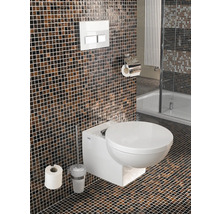 Modernes Badezimmer mit Mosaikfliesen, Wand-WC, Toilettenbürste, Papierhalter und Betätigungsplatte.