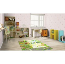 Kinderzimmer mit Schreibtisch, Regalen und Spielteppich