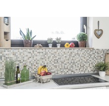 Küchenszene mit Mosaikfliesenwand, Pflanzen und Früchten