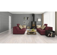 Wohnzimmer mit zwei roten Sofas, Kamin, Couchtisch und hellem Holzboden