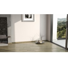 Heller Raum mit Holzboden, Kamin und Blick nach draußen