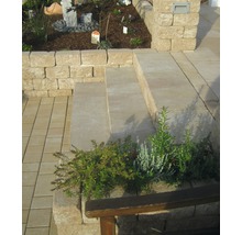 Gestaltungsidee für einen Garten mit Pflastersteinen, Stufen und einer Mauer.