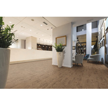 Innenraum mit Bodenbelag in Holzoptik, Pflanzen und Sitzmöbeln