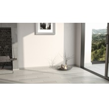 Heller Raum mit Holzboden, Kamin und Blick ins Grüne