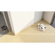 Szene mit hellem Holzboden und Sockelleisten an der Wand