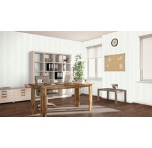 Büroraum mit Schreibtisch, Regal und Korktafel