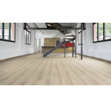 Heller Laminatboden in einem Zimmer mit Wendeltreppe und Küchenzeile