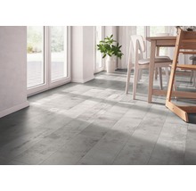 Heller Raum mit modernem Fußbodenbelag in Holzoptik und Essbereich