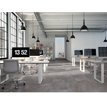 Büroraum mit Schreibtischen, Computern, Bürostühlen, Beleuchtung, Bücherregal und Fenster